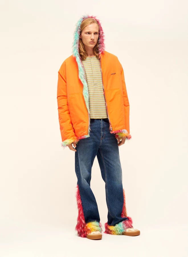 【BLUEMARBLE】Reversible rainbow faux fur hooded jacket