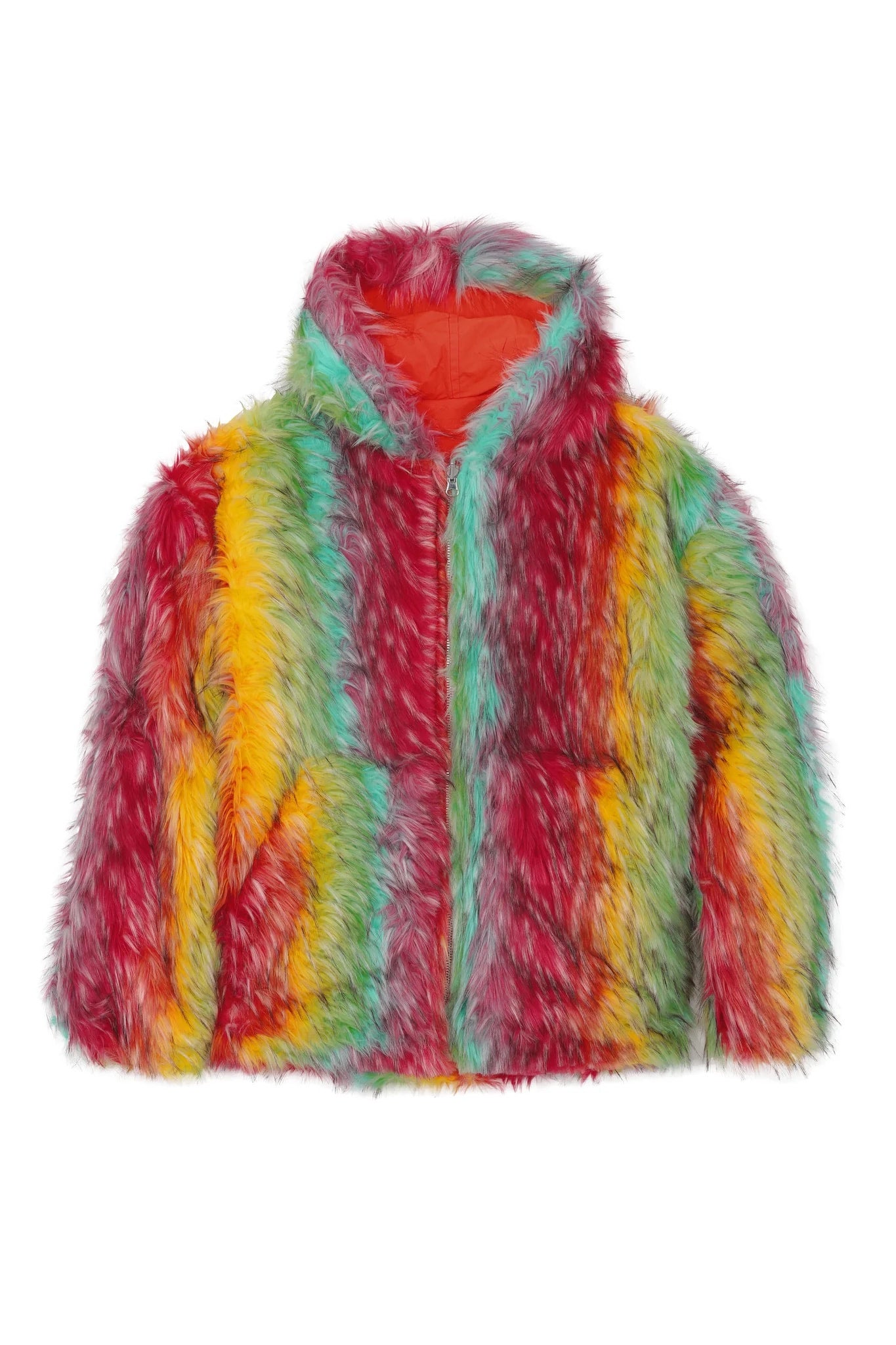 BLUEMARBLE】Reversible rainbow faux fur hooded jacket | Leave Me 