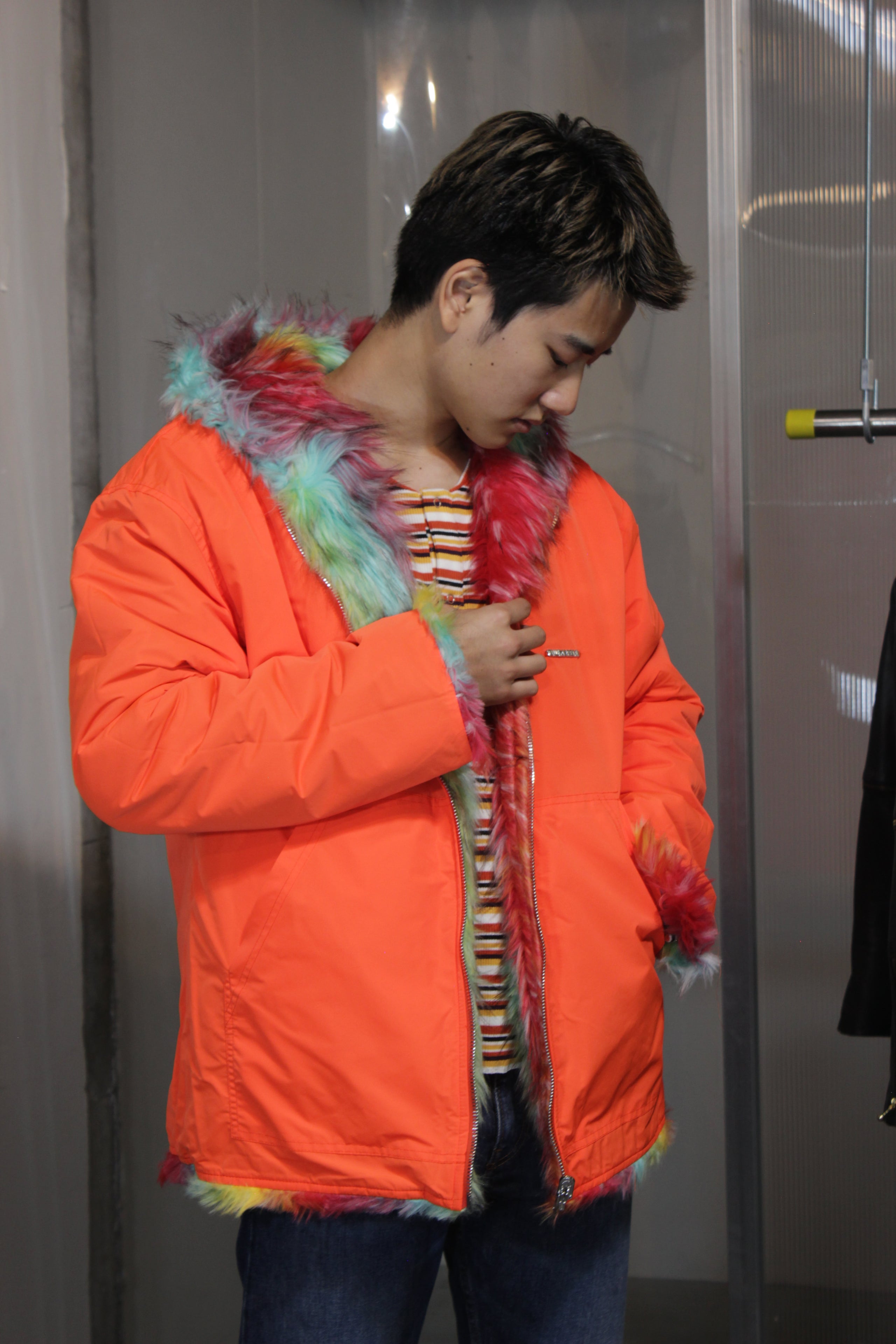 BLUEMARBLE】Reversible rainbow faux fur hooded jacket | Leave Me